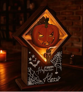 BK Gift Kişiye Özel Halloween Tasarımlı Viski Çeşmesi  LED Işıklı ve Balkabağı Oymalı Tasarımlı Özel İsimli Cadılar Bayramı Ahşap Viski Çeşmesi (Ceviz)