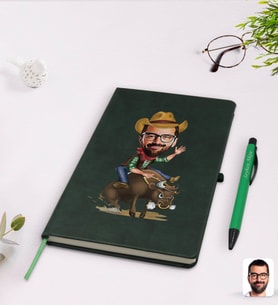 BK Gift Kişiye Özel Rodeo Karikatürlü Yeşil Termo Deri Defter Kalem Seti Model 1