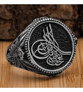 Osmanlı Tuğralı Yaprak Motifli Yuvarlak 925 Ayar Gümüş Yüzük