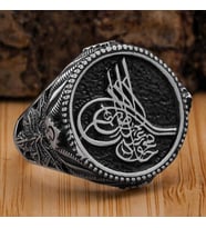 Osmanlı Tuğralı Yaprak Motifli Yuvarlak 925 Ayar Gümüş Yüzük