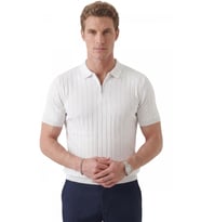 DeepSEA Erkek Beyaz Polo Yaka Fermuarlı Çizgi Dokulu Regular Fit Likralı Triko Tişört 2608008