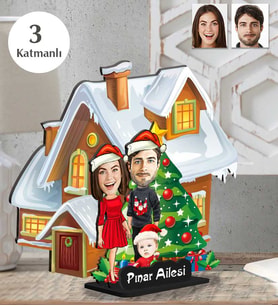 Kişiye Özel 3 Katmanlı  Yılbaşı Aile Ahşap Biblo-1
