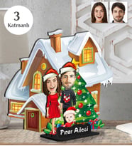 Kişiye Özel 3 Katmanlı  Yılbaşı Aile Ahşap Biblo-1
