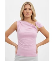 Kadın Kayık Yaka Omuzları Büzgülü Detay Tokalı Slim Fit Modal Bluz 26002 (Pembe)
