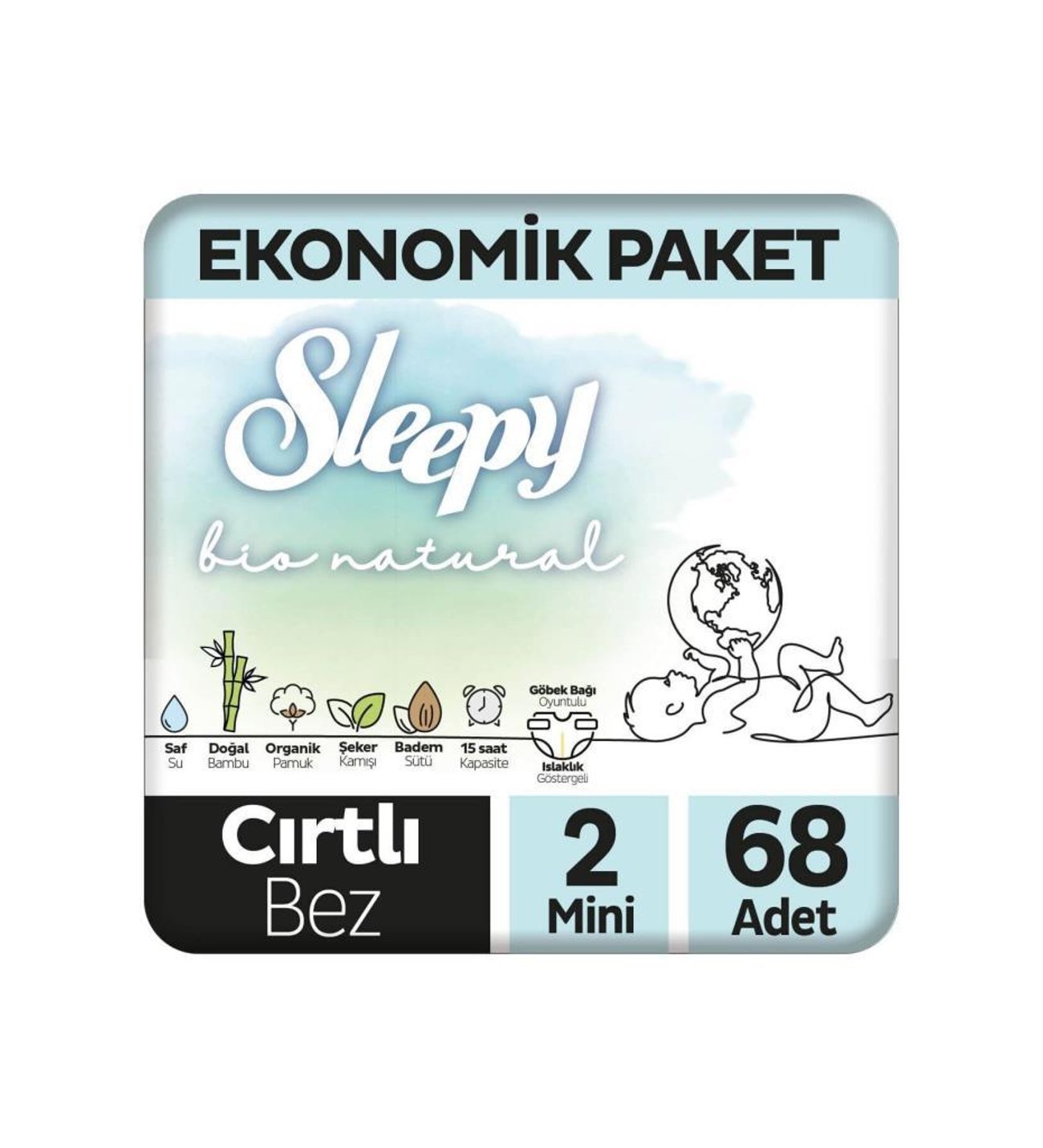 Sleepy Bio Natural Ekonomik Paket Bebek Bezi 2 Numara Mini 68 Adet