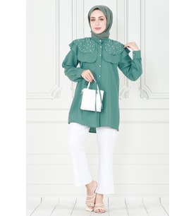 Pelerinli İncili Tunik-Mint Yeşili