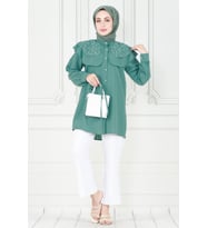 Pelerinli İncili Tunik-Mint Yeşili