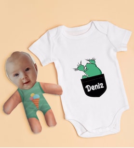 BK Kids Kişiye Özel Fotoğraflı Bebek Yastık ve Bebek Body Zıbın Hediye Seti - Model 20