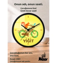 İsme Özel Bisikletli Sincap Çocuk Odası Duvar Saati Orta Boy 30 cm Siyah Camlı Sessiz