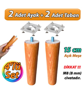 Ahşap Ayak 15 Cm 4'lü Set Açık Meşe M8 Civatalı Bağlantı Aparatlı Dolap Mobilya Koltuk Kanepe Destek Ayağı Ayakları