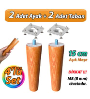 Ahşap Ayak 15 Cm 4'lü Set Açık Meşe M8 Civatalı Bağlantı Aparatlı Dolap Mobilya Koltuk Kanepe Destek Ayağı Ayakları