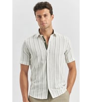Koyu Haki Kısa Kollu Çizgili Armürlü Garnili Pamuklu Casual Slim Fit Dar Kesim Gömlek 1004240244