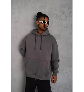 Erkek Düz Kapüşonlu Sweat - Gri