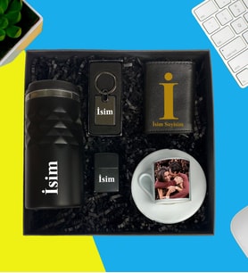 Kişiye Özel Premium Kutu Termos Bardak Mekanizmalı Cüzdan Cakmak Metal Anahtarlık Fotoğraflı Türk Kahve Fincanı Hediye Set