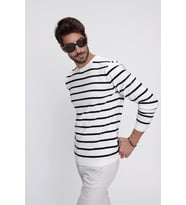 Chuba Erkek Ekru Bisiklet Yaka CAN1R Çizgili Casual Triko Kazak 22WM101