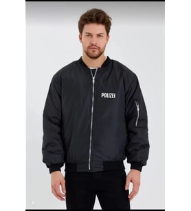 Unisex Uzun Kol Baskılı Bomber Ceket - Siyah