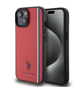 Apple iPhone 15 Uyumlu Kılıf U.S. Polo Assn. Orjinal Lisanslı Üç Renk Şerit Tasarımlı Baskı Logolu Kapak (Kırmızı)