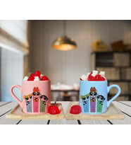 Power Puff Girls Arkadaş Tasarımlı Pembe & Mavi Ahşap Tabaklı Kişiye Özel Türk Kahvesi Fincanı Seti