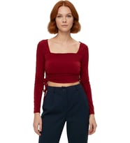 Kadın Fitted Kare Yaka Büzgülü Uzun Kollu Crop Esnek Örme Bluz Kaliteli Şık Rahat Modern Zarif