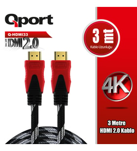 QPORT Q-HDMI33 3 METRE 2.0V 4K ALTIN UÇLU ÖRGÜLÜ KABLO