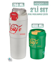 Vagonlife 2'li Çelik Termos-Kahve Bardağı Seti 750ML Çift Kullanım Termos//450ML Mug Kahve Bardağı (Beyaz-Yesıl) (Beyaz - Yeşil)
