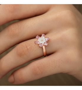 Pembe Taşlı Sedefli Lotus Çiçeği Yüzük-925 Ayar Gümüş