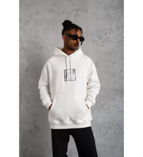 Erkek Ön Arka Baskılı Kapşonlu Sweat - Beyaz