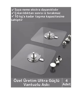 Özel Üretim Yüksek Kaliteli Suya Neme Ekstra Dayanıklı Montajsız Ultra Güçlü Vantuzlu Askı 4 Adet