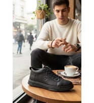 Enoch Hakiki Deri Siyah Yanı Logo Detaylı Siyah Erkek Sneaker