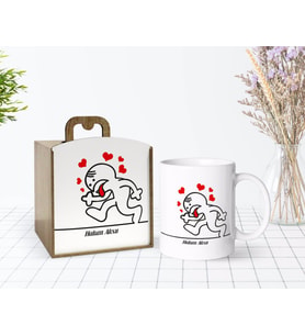 BK Gift Kişiye Özel Ahşap Kutuda Aşık Çöp Adam Tasarımlı Beyaz Kupa Bardak-1