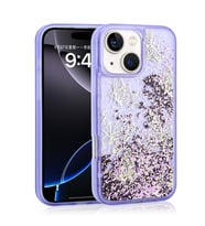 Apple iPhone 15 Uyumlu Kılıf Sıvılı Simli Kelebek Baskılı Şeffaf Arka Yüzey Zore Glis Silikon Kapak (Mor)