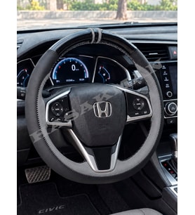 Honda Civic FC5 Dikme Direksiyon Kılıfı Parlak Siyah Gri Detaylı Gri Çift Yüzük ve Dikiş 2016-2021