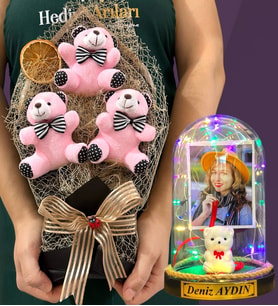 Size Özel Renkli Led Işıklı Fanus ve Büyük Boy Pembe Ayıcık Buketi (Model 1)
