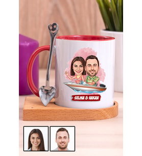 Sevgiliye Hediye Tekne Tasarım  Karikatürlü Ahşap Altlıklı Kırmızı Kupa Bardak