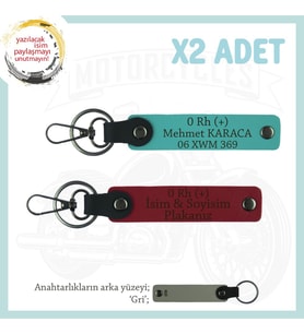 Motorcu Tarzına Özel, İsim Plaka ve 0 Rh (+) Kan Grubu Yazılı x2 Anahtarlık, Kırmızı-K Turkuaz-Gr (Çok Renkli)