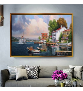 Tablore Nostaljik İstanbul Boğazı Yalılar Ve Vapur Manzaralı Çerçeveli Kanvas Tablo Modern Salon Dekoru