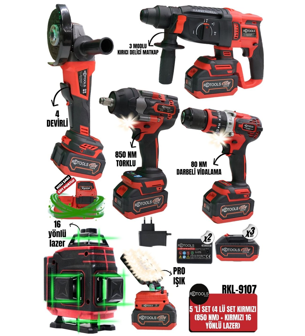 RETOOLS 5 'Lİ SET (4 LÜ SET KIRMIZI HK. (850 NM) + KIRMIZI 16