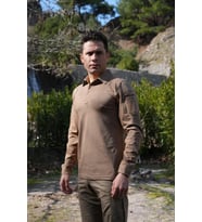Koyu Bej Uzun Kollu Taktik Polo Yaka Tişört, 2 Cepli Uzun Kollu T-Shirt