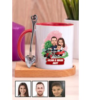 Üç Kişilik Aileye Özel Karikatürlü Ahşap Altlıklı Kırmızı Kupa Bardak