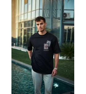 pilelistore- Unisex Bisiklet Yaka Baskılı Oversize T-Shirt - Siyah