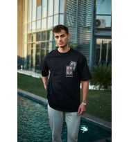pilelistore- Unisex Bisiklet Yaka Baskılı Oversize T-Shirt - Siyah
