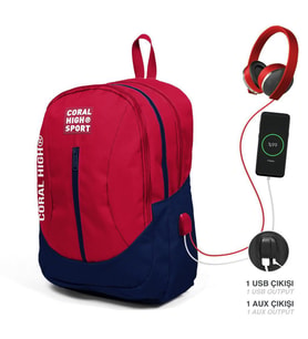 Coral High Sport Kırmızı Lacivert Dört Bölmeli USB Şarjlı Kulaklık Çıkışlı Sırt Çantası 23447