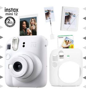Instax mini 12 Beyaz Fotoğraf Makinesi-20'li Film-Kıskaçlı Stand-Mini Albüm ve Silikon Kılıf Seti