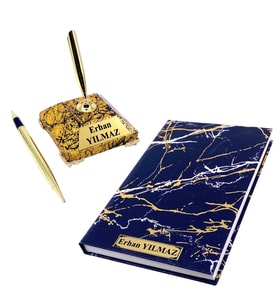 İsimli Gold Mermer Tasarımlı Kaideli İmza Kalemi ve İsimli Defter, Kişiye Özel Hediye Seti (Model 1)