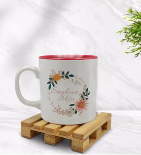 BK Gift Kişiye Özel Çiçek Tasarımlı İçi Kırmızı Renkli Kupa Bardak Model 20