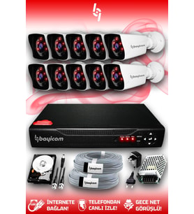BAYICAM 10 Kameralı Kare 10 Dış Kamera Set 250 GB HDD Full HD Gece Görüşlü Güvenlik Kamerası Sistemi