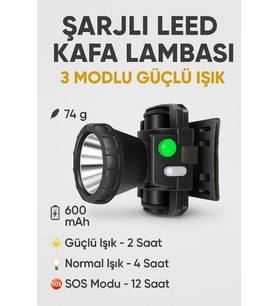 Şarj Edilebilir,600MAH , Güçlü Kafa Lambası, 46 mm Reflektör, 3 Modlu El Feneri