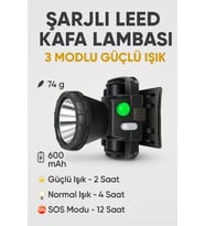 Şarj Edilebilir,600MAH , Güçlü Kafa Lambası, 46 mm Reflektör, 3 Modlu El Feneri