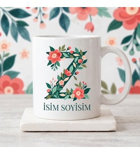 Kişiye Özel Baş Harf ve İsim Yazılı Çiçek Motiflili Z Harfli Seramik Kupa Bardak