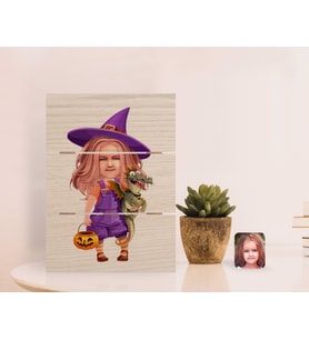 BK Gift Kişiye Özel Küçük Cadı Karikatürlü Otantik Masaüstü Ahşap Palet Çerçeve-1 (Beyaz)